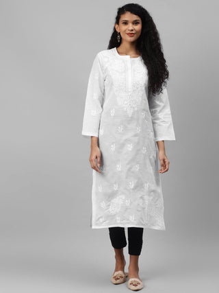 ADA Women White & Black Paisley Embroidered Chikankari Handloom Kurta with Trousers - Distacart