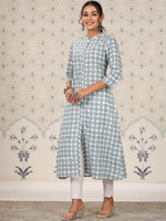 Thumbnail for Ode by House of Pataudi Floral Printed Mandarin Collar Cotton A-Line Kurta With Front Slit - Distacart