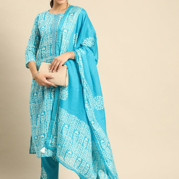Anouk Blue & White Ethnic Motifs Print Mirror Work Cotton Straight Kurta Trousers Dupatta - Distacart