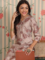 Thumbnail for Ode by House of Pataudi Floral Printed Regular Chanderi Silk Straight Kurta With Trousers - Distacart