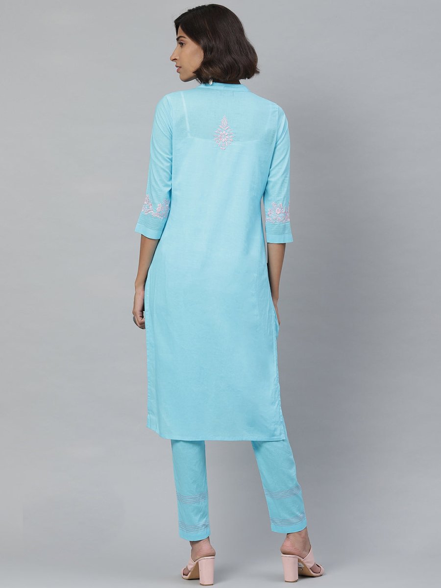ADA Women Blue & Pink Chikankari Embroidered Sustainable Handloom Kurta with Trousers - Distacart