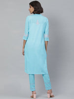 Thumbnail for ADA Women Blue & Pink Chikankari Embroidered Sustainable Handloom Kurta with Trousers - Distacart