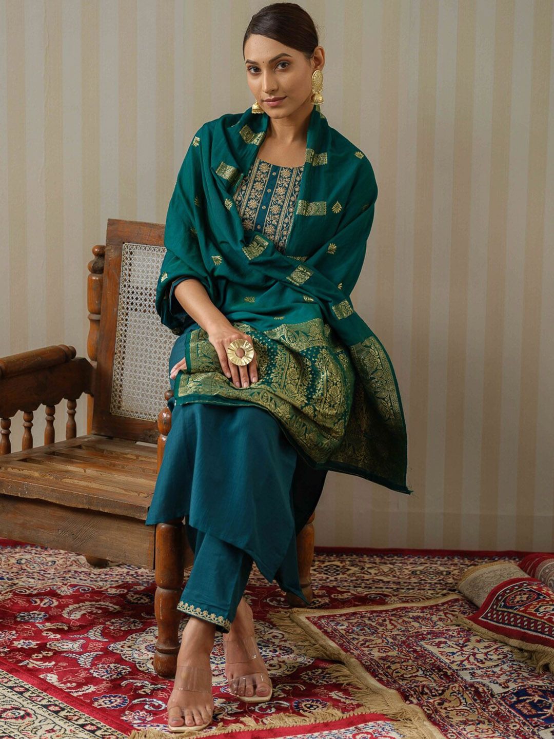 Ode by House of Pataudi Blue Ethnic Motifs Straight Kurta & Trousers With Dupatta - Distacart