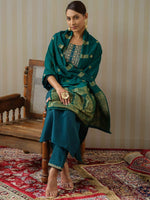 Thumbnail for Ode by House of Pataudi Blue Ethnic Motifs Straight Kurta & Trousers With Dupatta - Distacart
