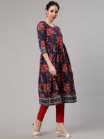 Thumbnail for Aks Floral Printed Tie-Up Neck Pleated Cotton A-Line Kurta - Distacart