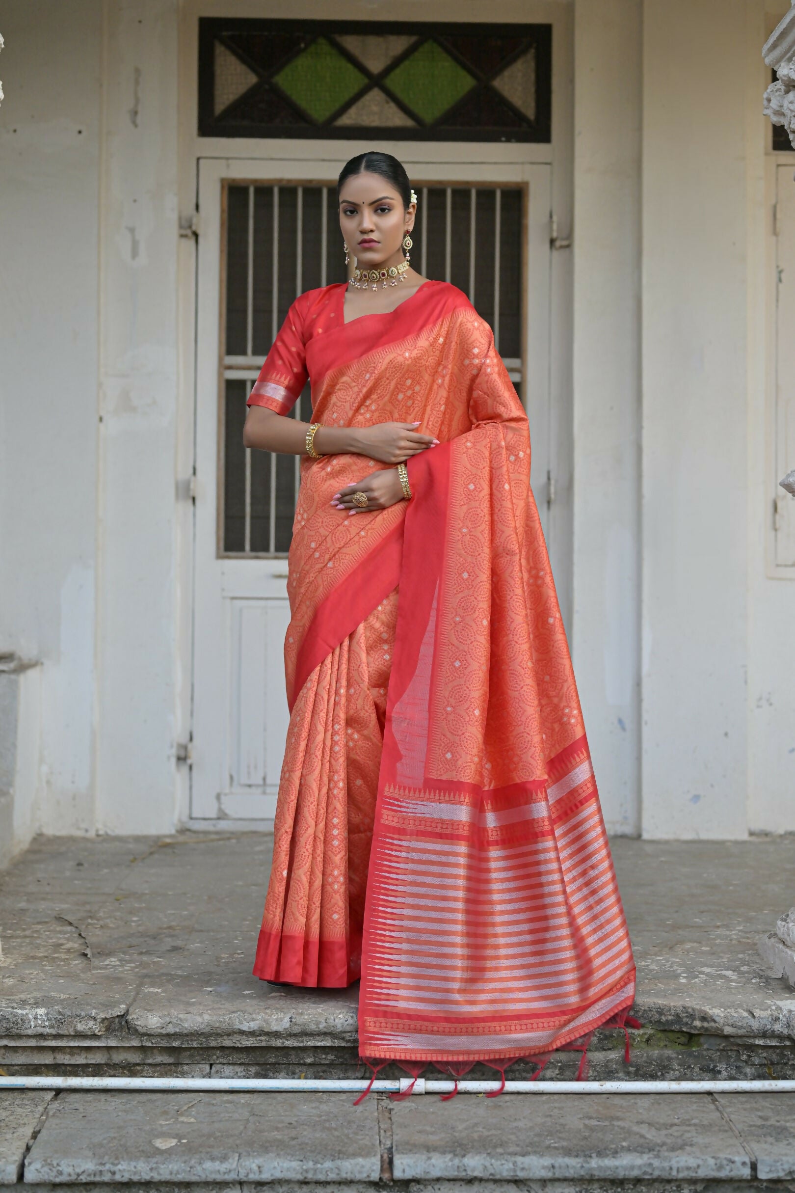 Vishnu Weaves Women's Orange Raw Silk Saree with Blouse - Distacart