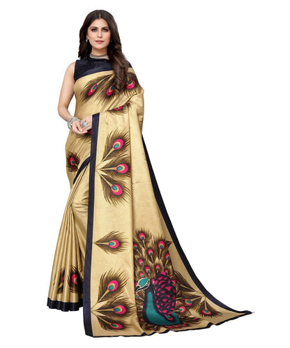 Vamika Golden Cream Printed Art Silk Saree - Distacart