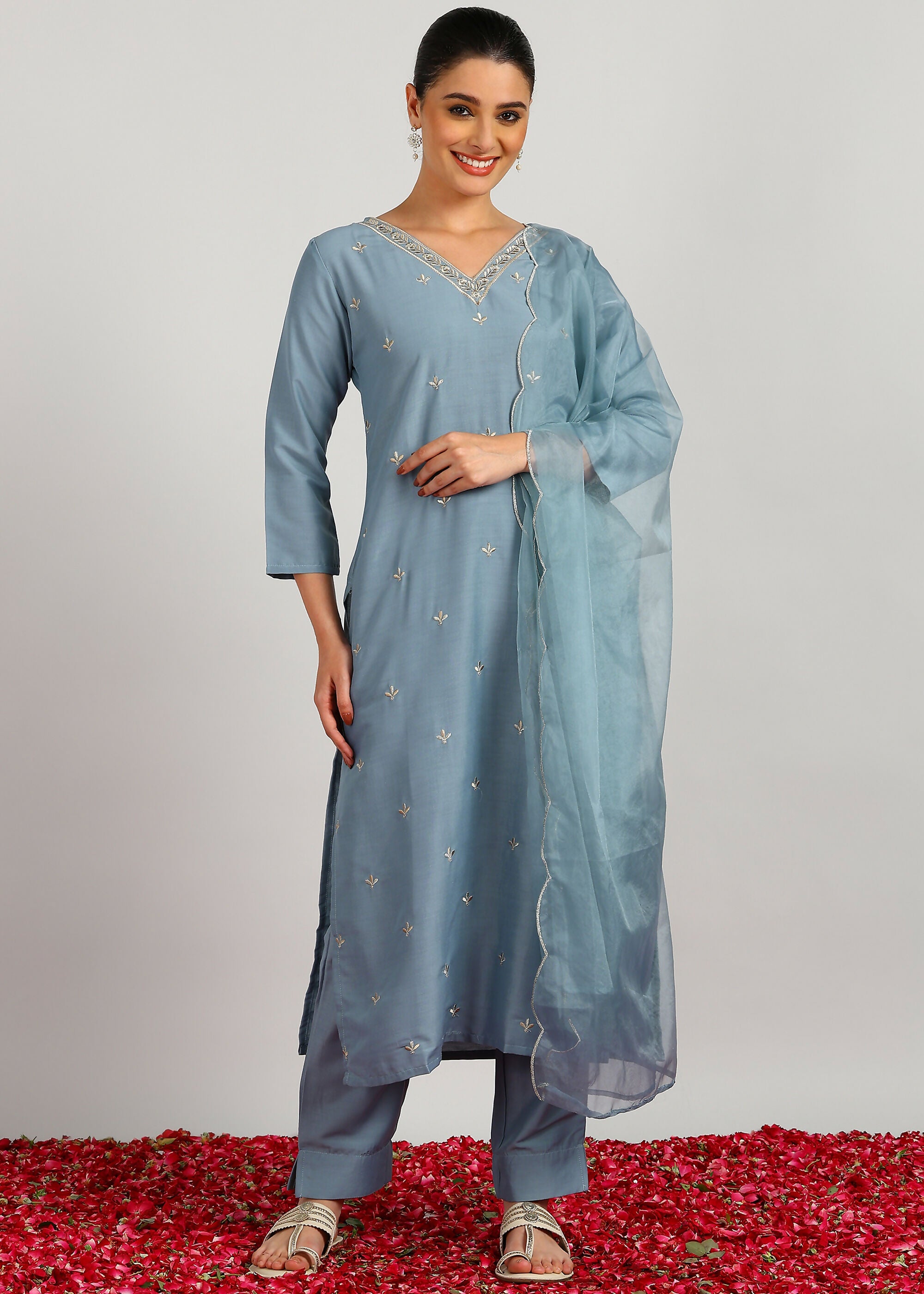 Aavyora Women's Sky Grey Embroidered Kurta Set with Dupatta