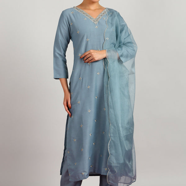 Aavyora Women's Sky Grey Embroidered Kurta Set with Dupatta