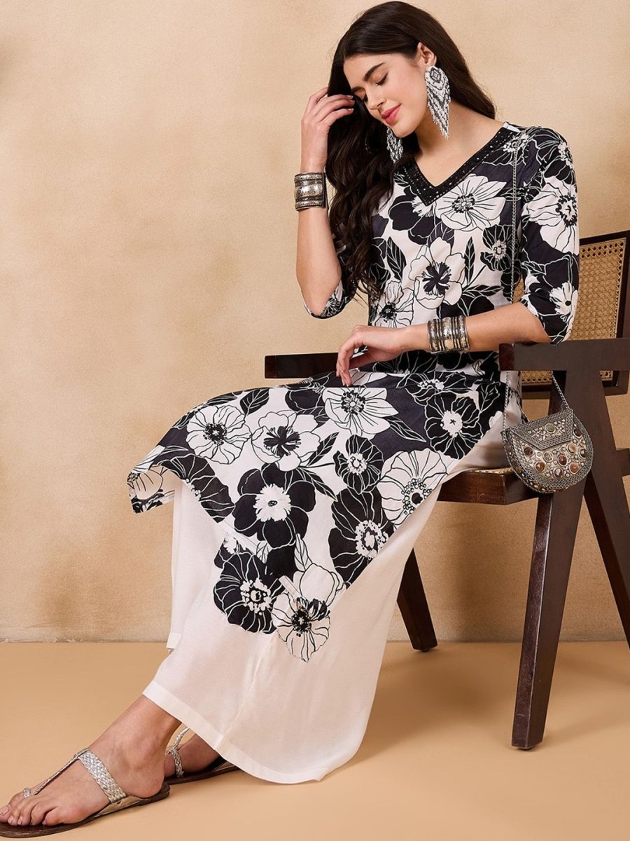 Anouk Floral Printed Regular Mirror Work Pure Cotton Kurta With Palazzos - Distacart