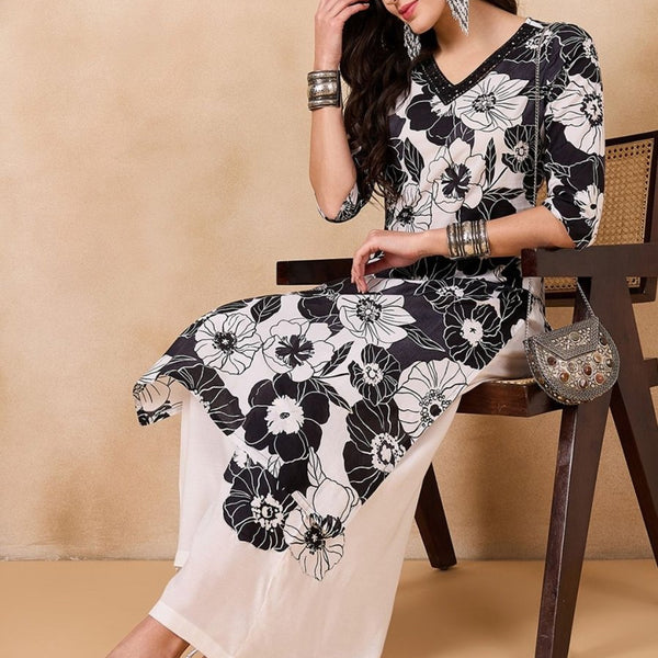 Anouk Floral Printed Regular Mirror Work Pure Cotton Kurta With Palazzos - Distacart