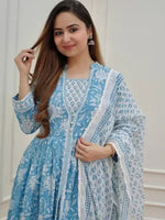 Thumbnail for Kalini Floral Printed Pure Cotton Anarkali Kurta & Trousers With Dupatta - Distacart