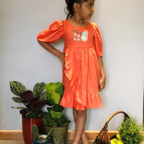 ArthLife Orange Butterfly Embroidered Dress - Distacart