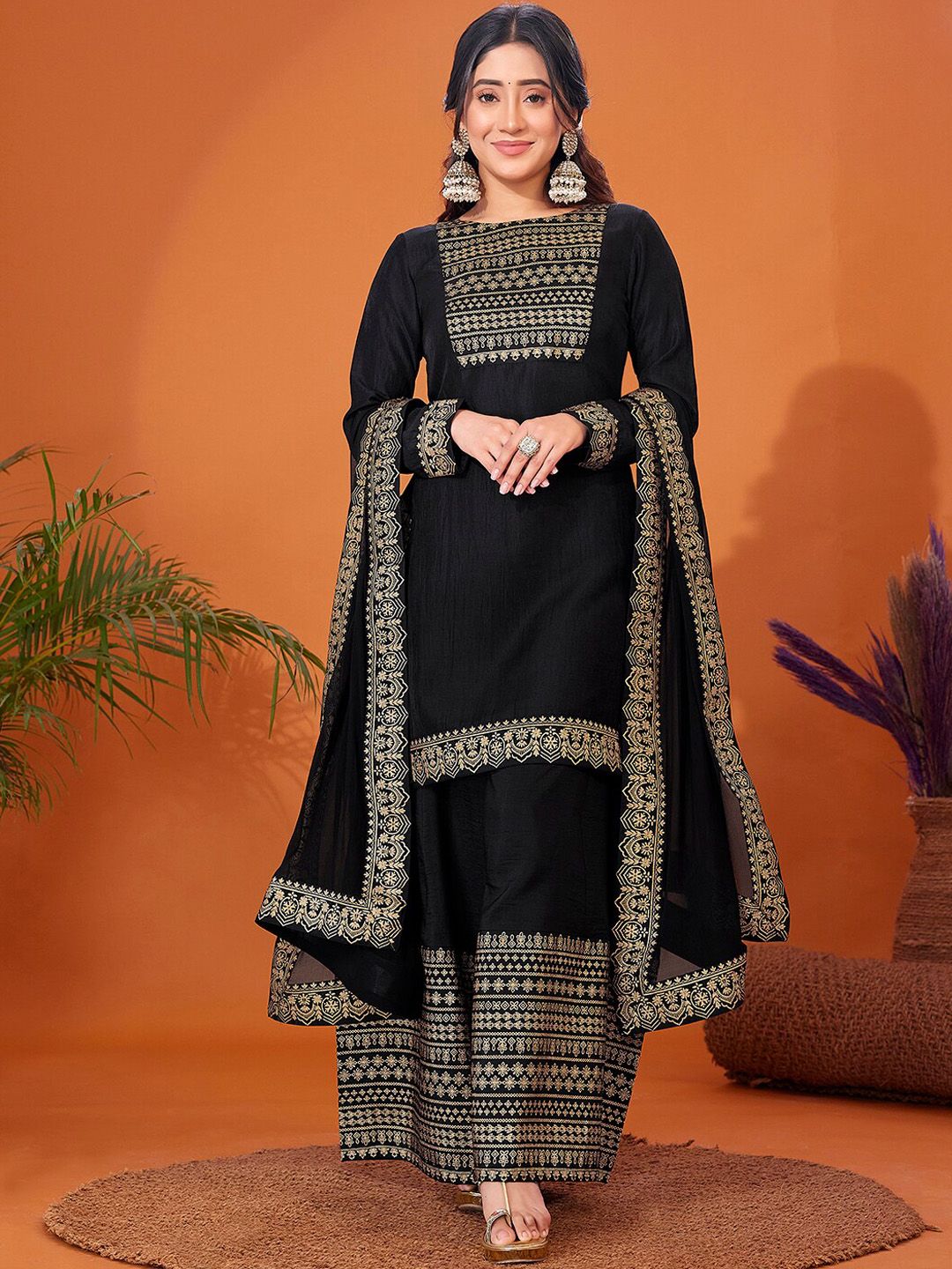 Kalini Foil Printed Long Sleeves Regular Kurta With Palazzos & Dupatta - Distacart