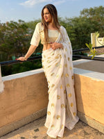 Thumbnail for Anouk White & Gold-Toned Embellished Sequinned Pure Georgette Saree - Distacart