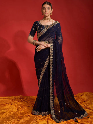 Anouk Navy Blue Embellished Sequinned Pure Georgette Saree - Distacart