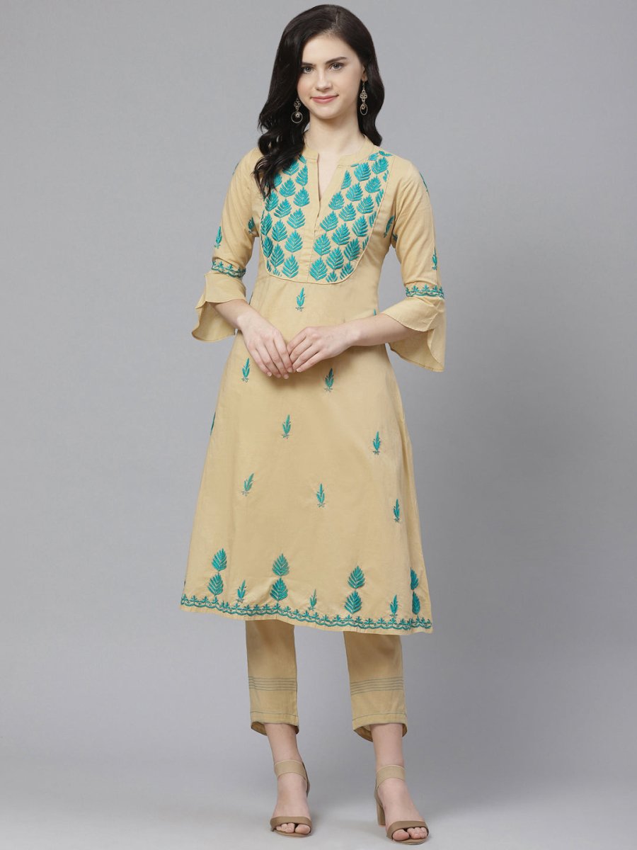 ADA Women Beige & Teal Green Chikankari Embroidered Sustainable Handloom Kurta with Trousers - Distacart