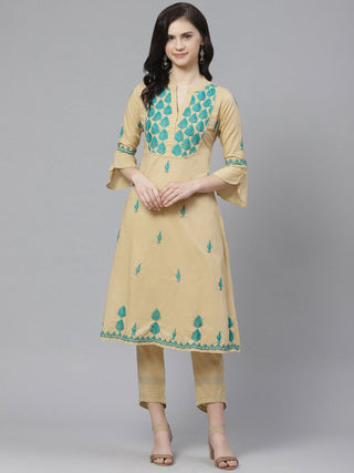 ADA Women Beige & Teal Green Chikankari Embroidered Sustainable Handloom Kurta with Trousers - Distacart