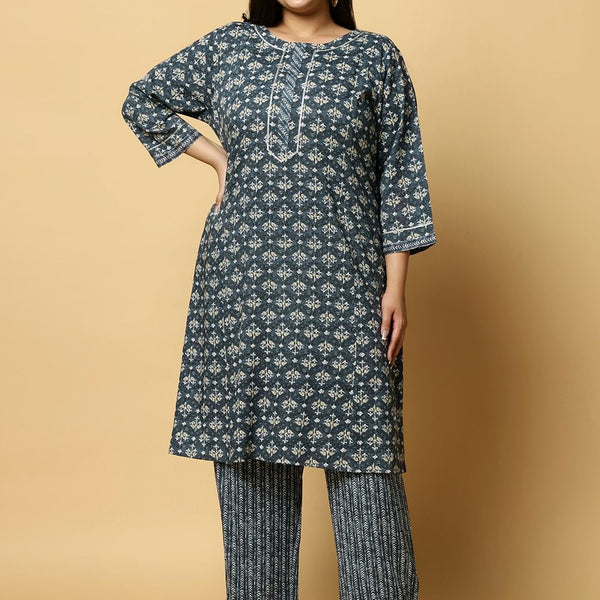 Sztori Plus Size Floral Printed Pure Cotton Straight Kurta With Trouser - Distacart