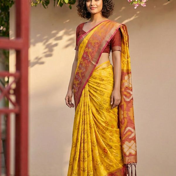 Astita Yellow Pochampally Silk Saree - Distacart