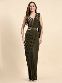 Thumbnail for Green Polyester Solid Ready to Wear Saree with stitched Blouse - Nita - Distacart
