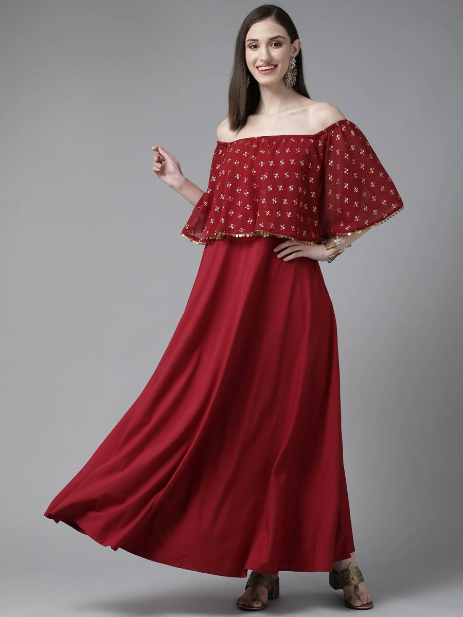 Ahalyaa Womens Maroon Cotton Blend Gold Printed Dress - Distacart