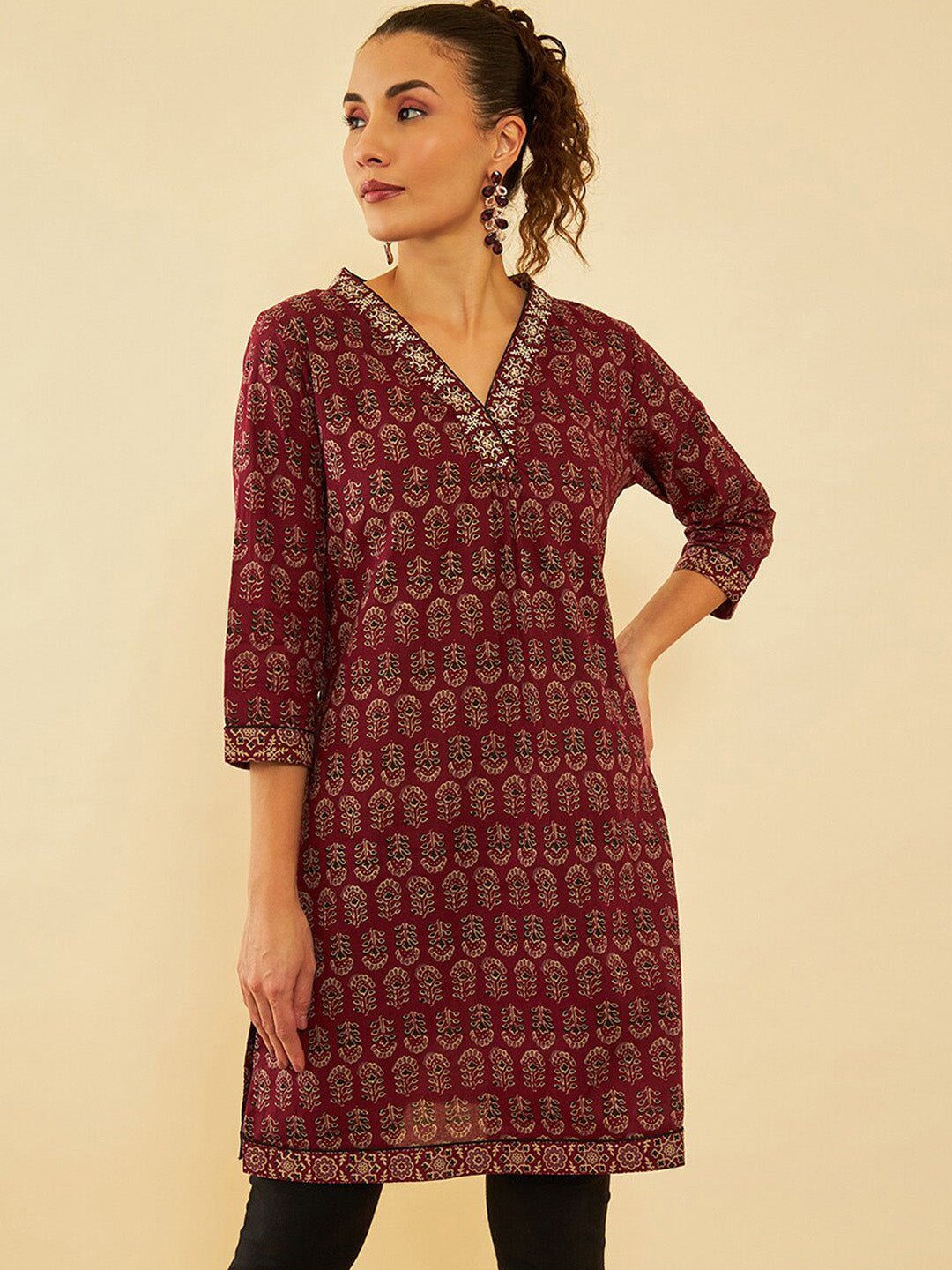 Soch Floral Printed Cotton Zari Thread Work Kurta - Distacart