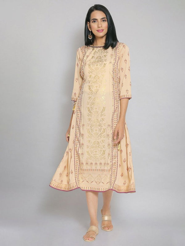 AURELIA Women Beige & Gold-Toned Ethnic Motifs A-Line Midi Dress