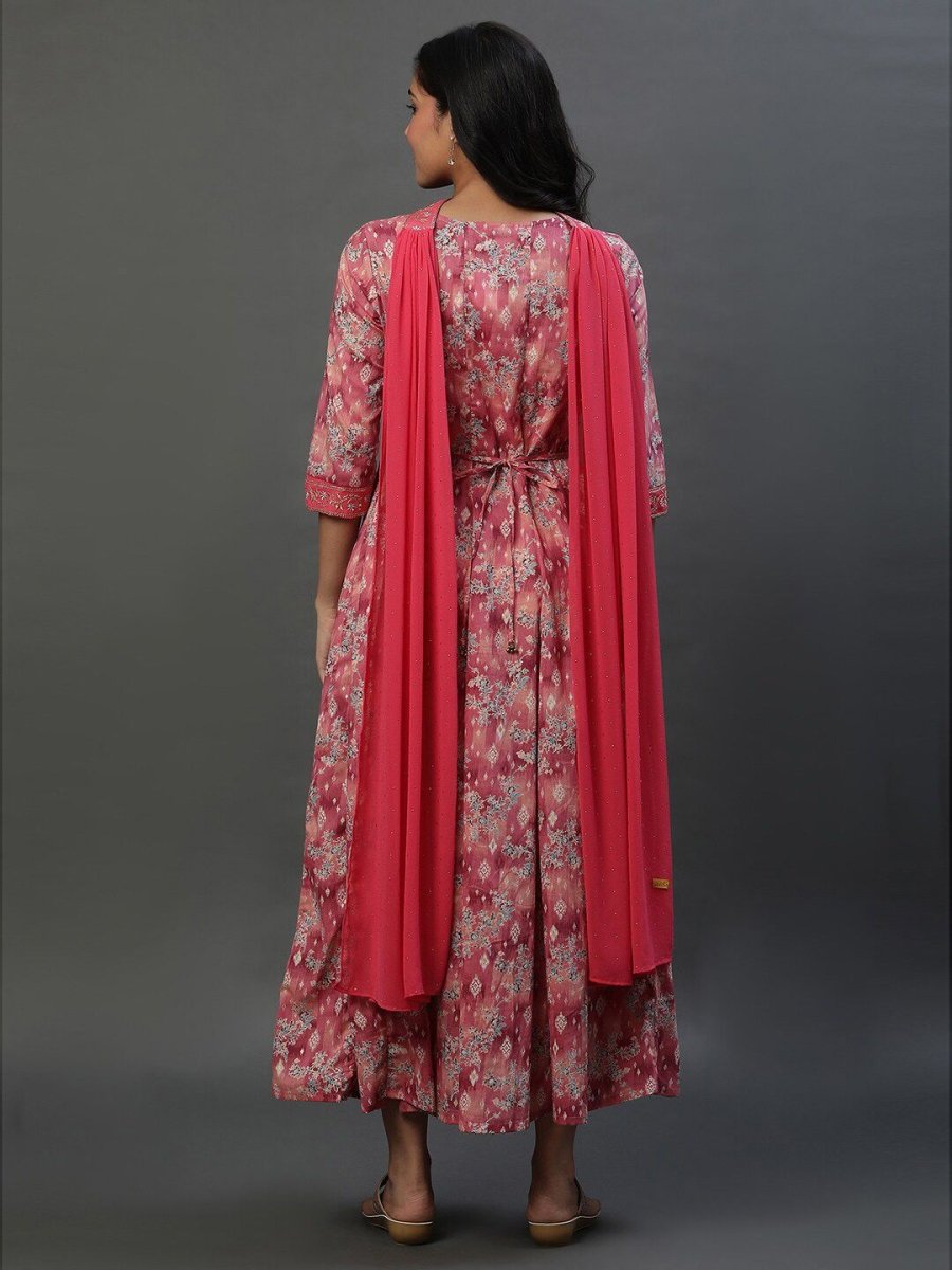 AURELIA Floral Printed V-Neck Ethnic Dress With Dupatta