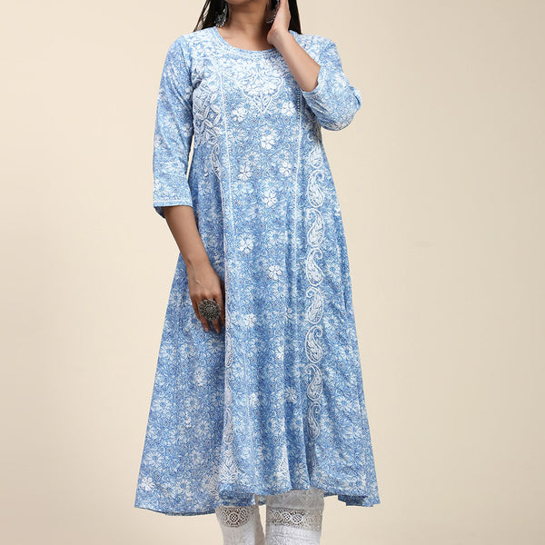 HOUSE OF KARI Floral Embroidered Chikankari Cotton Anarkali Kurta - Distacart