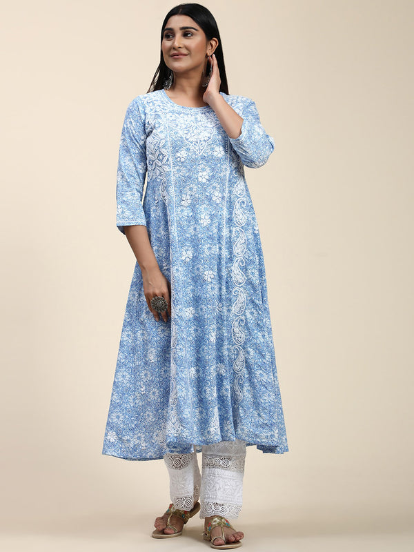 HOUSE OF KARI Floral Embroidered Chikankari Cotton Anarkali Kurta - Distacart