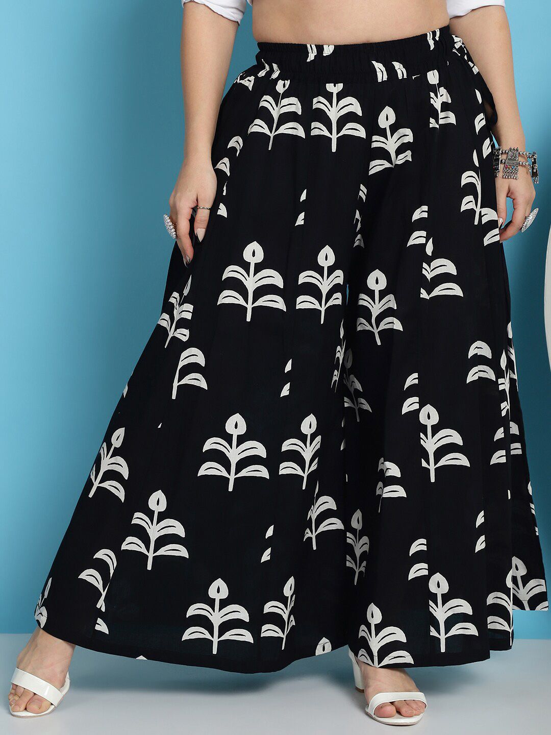 TAG 7 Floral Block Printed Flared Pure Cotton Ethnic Palazzos - Distacart