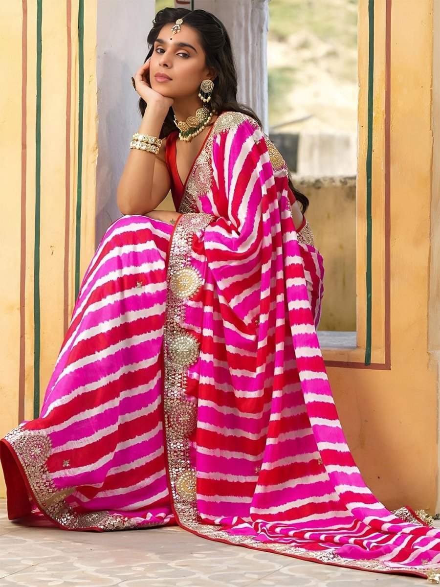 Anouk Pink & Gold-Toned Leheriya Printed Sequinned Saree - Distacart