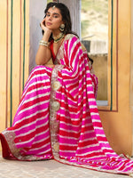 Thumbnail for Anouk Pink & Gold-Toned Leheriya Printed Sequinned Saree - Distacart