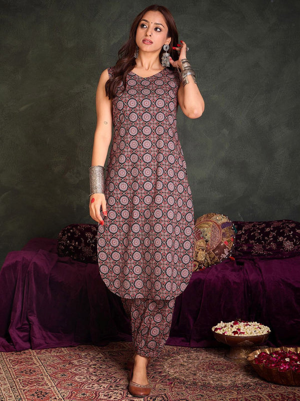 Indo Era Floral Printed V-Neck Pure Cotton Straight Kurta With Salwar