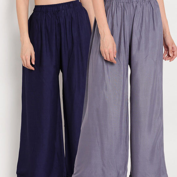 TAG 7 Women Grey & Navy Blue Set of 2 Flared Ethnic Palazzos - Distacart