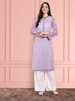 Thumbnail for ADA Women Purple & White Ethnic Motifs Embroidered Chikankari Georgette Kurta - Distacart