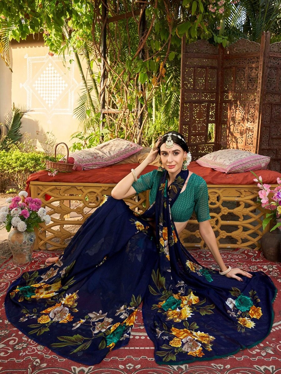 Anouk Navy Blue & Brown Floral Printed Saree - Distacart
