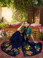 Thumbnail for Anouk Navy Blue & Brown Floral Printed Saree - Distacart
