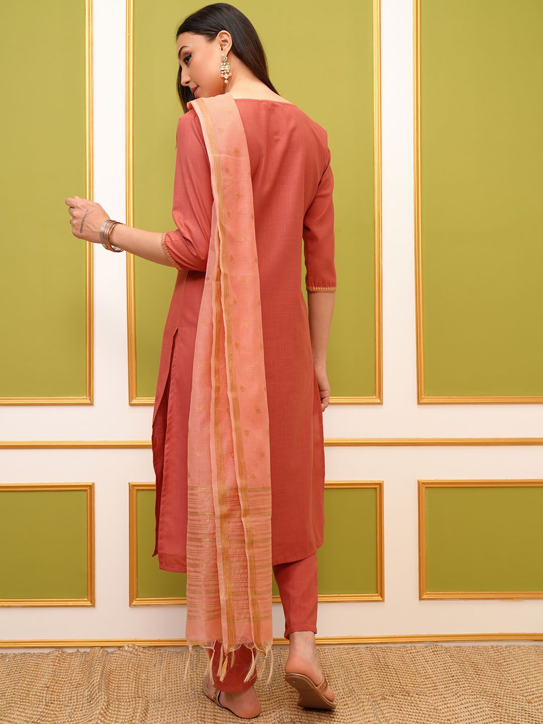 Vishudh Coral Round Neck Embroidery Straight Kurta & Palazzos With Dupatta