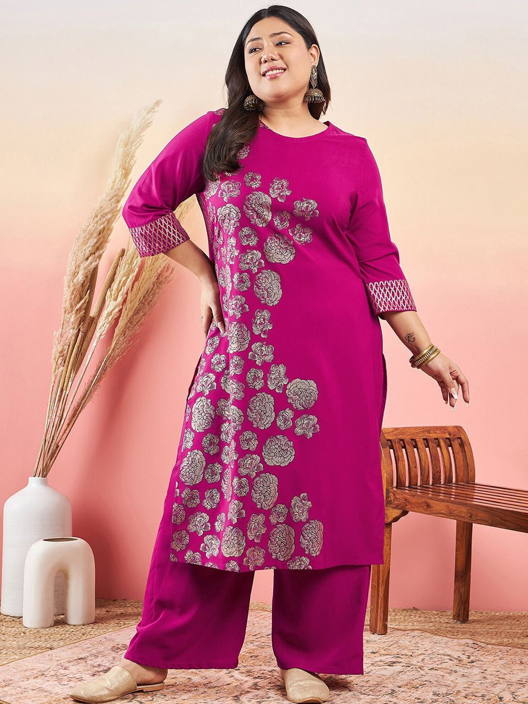 Sztori Floral Printed Round Neck Straight Kurta With Palazzo - Distacart