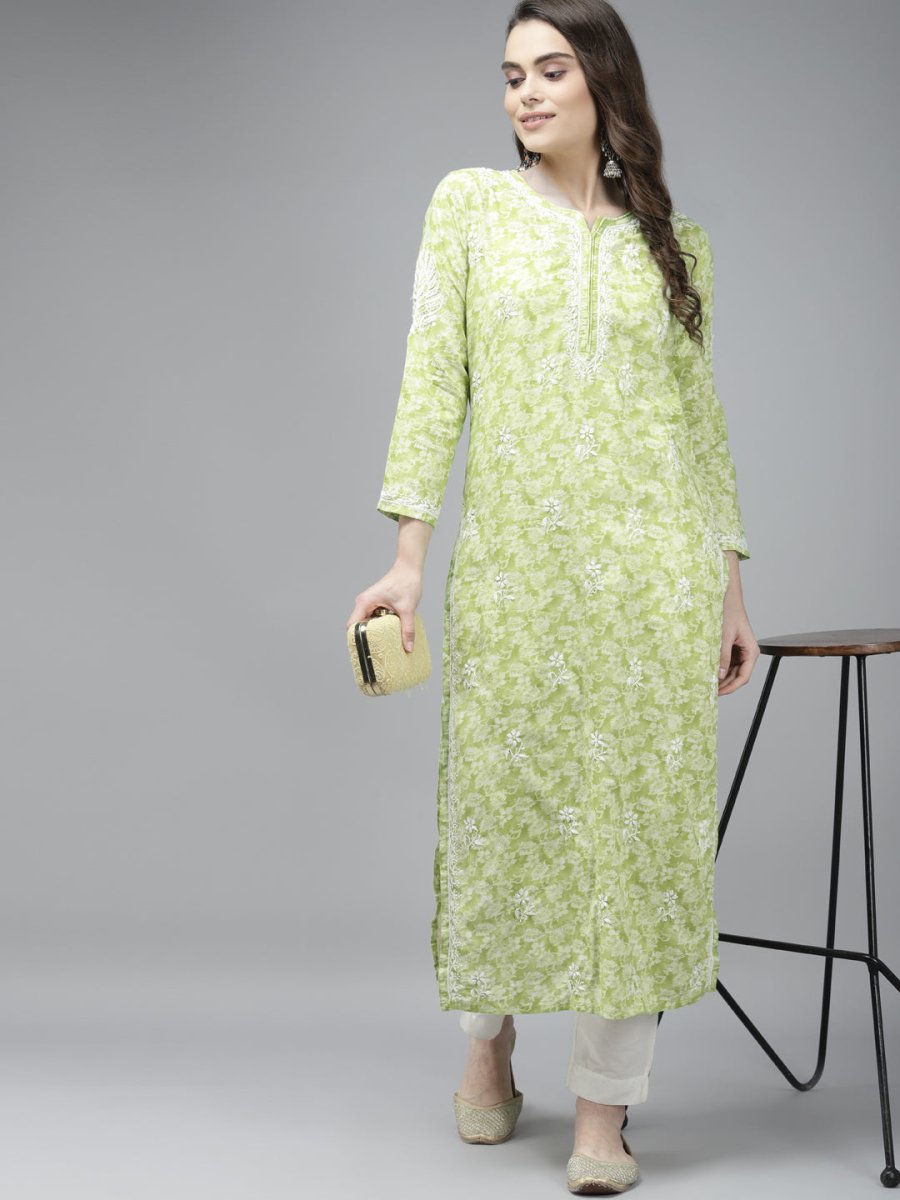 ADA Women Green & White Floral Chikankari Cotton Handloom Kurta - Distacart