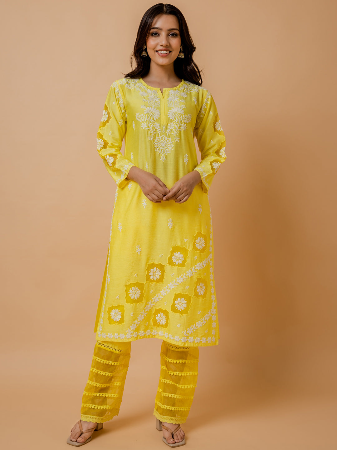 HOUSE OF KARI Ethnic Motifs Embroidered Round Neck Chikankari Chanderi Silk Kurta - Distacart