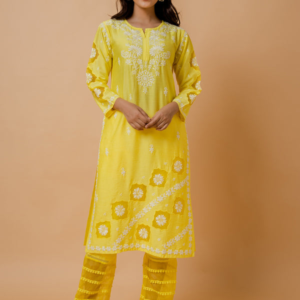 HOUSE OF KARI Ethnic Motifs Embroidered Round Neck Chikankari Chanderi Silk Kurta - Distacart