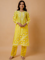 Thumbnail for HOUSE OF KARI Ethnic Motifs Embroidered Round Neck Chikankari Chanderi Silk Kurta - Distacart