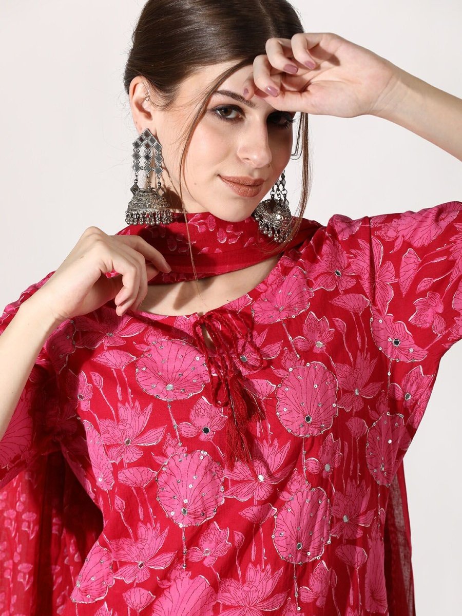 Anouk V-Neck Floral Printed Thread Work Pure Cotton Straight Kurta with Trousers & Dupatta - Distacart