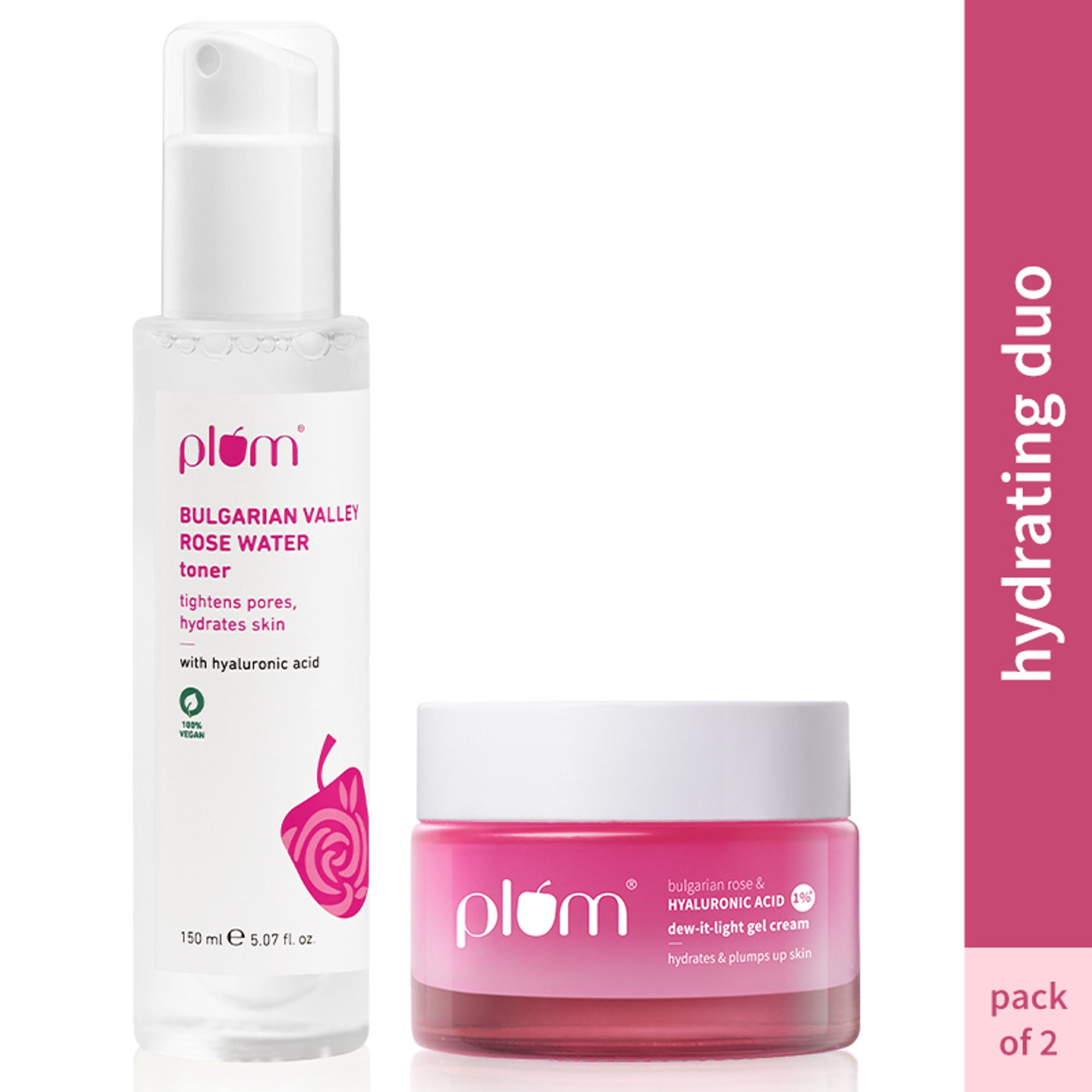 Plum 1% Hyaluronic Acid & Bulgarian Rose Toner & Moisturiser Combo For Hydration & Plumpy Skin