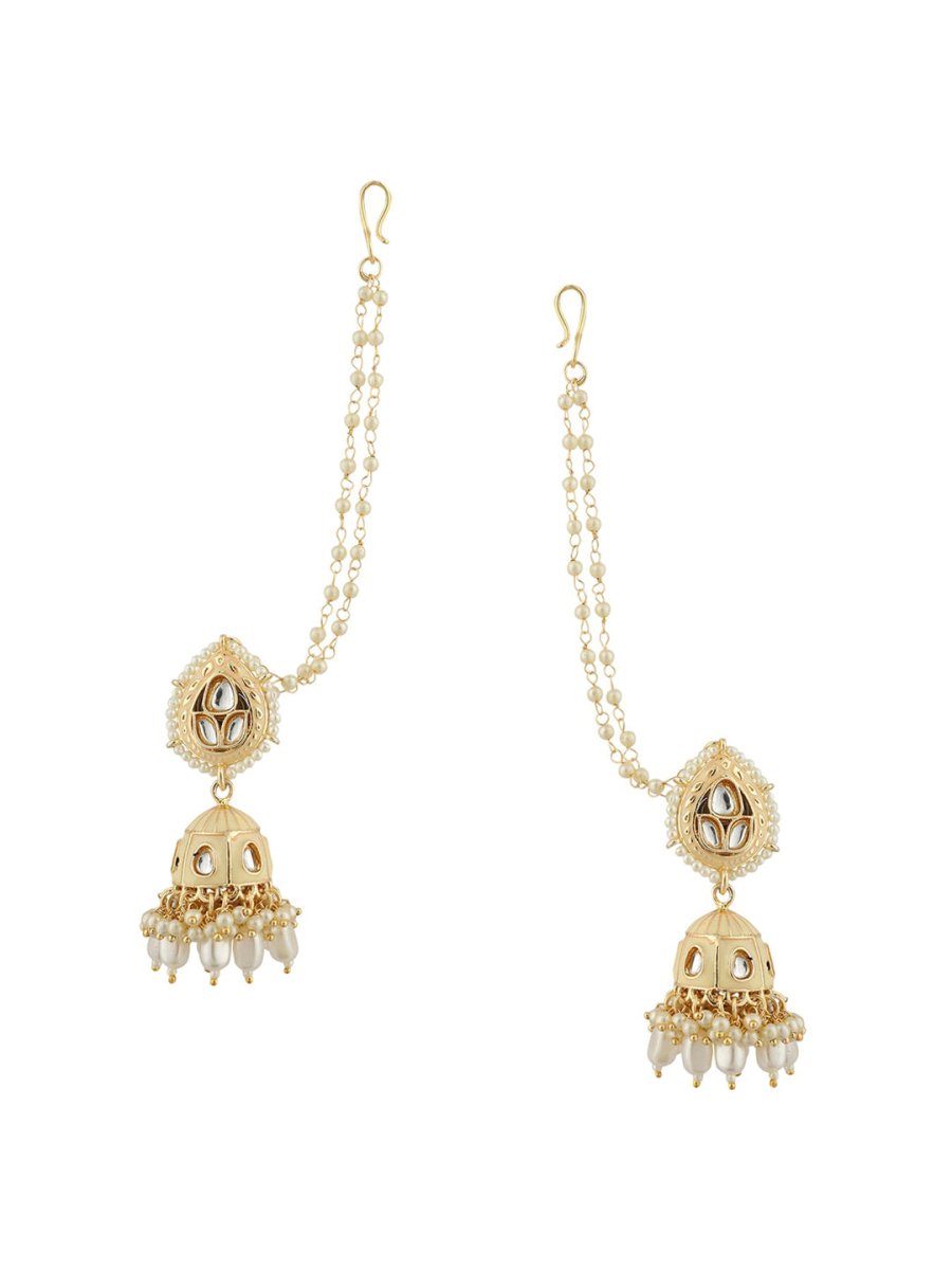 Anikas Creation Cream-Coloured & Gold Toned Kundan & Pearl Jadau Dome Shaped Jhumkas - Distacart