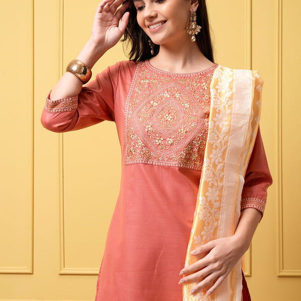 Vishudh Women Floral Embroidered Regular Kurta with Palazzos & With Dupatta - Distacart