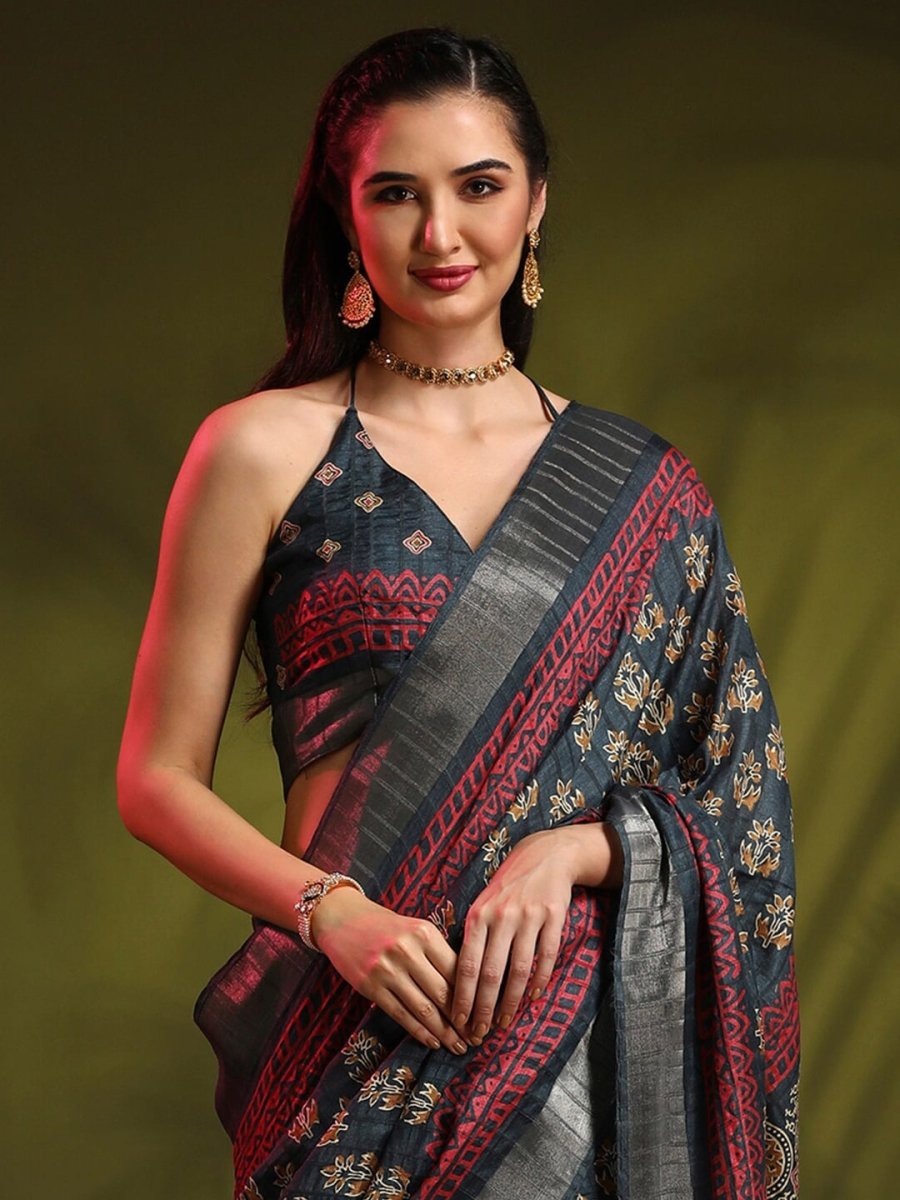 Anouk Grey Floral Printed Zari Sungudi Saree - Distacart
